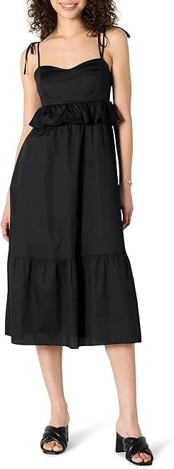 Women's Fit and Flare Cotton Sateen Empire Waist Midi Ruffle Dress