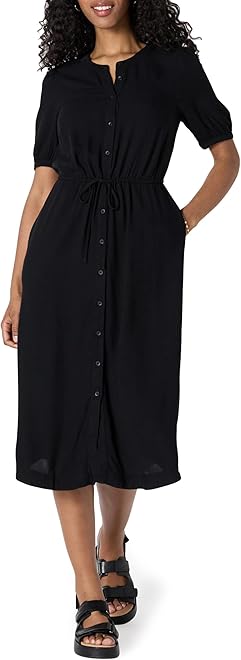 Women's Fit and Flare Half-Sleeve Waisted Midi A-Line Dress with Pockets