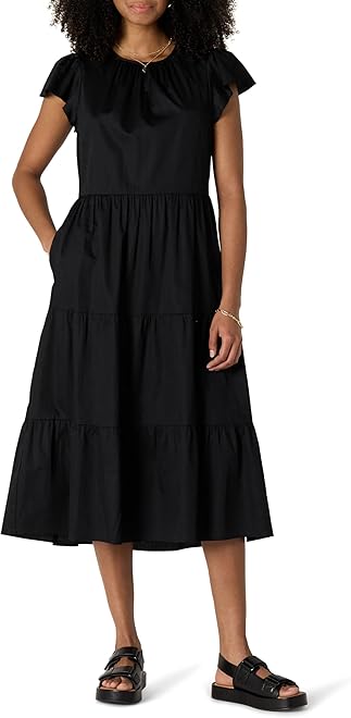 Women's Relaxed-Fit Cotton Sateen Crewneck Tiered Midi Dress