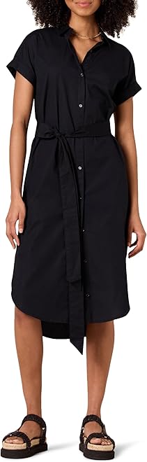 Women's Relaxed Fit Short Sleeve Button Front Belted Shirt Dress