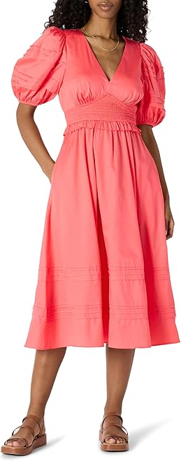 Women's Regular-Fit Cotton Sateen Puff Sleeve Midi Dress, V-Neck