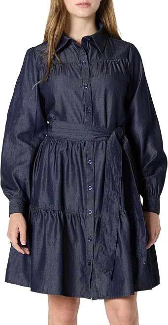 Women's Fit and Flare Denim Chambray Long-Sleeve Tiered Shirtdress