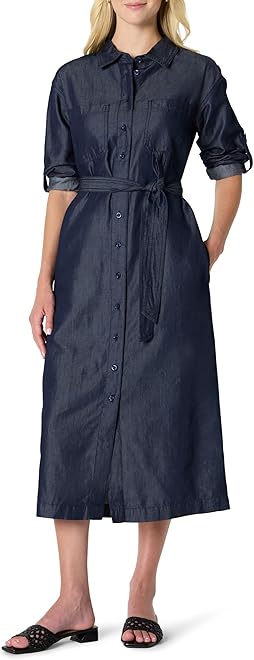 Women's Regular-Fit Denim Chambray Long-Sleeve Button-Up Midi Dress